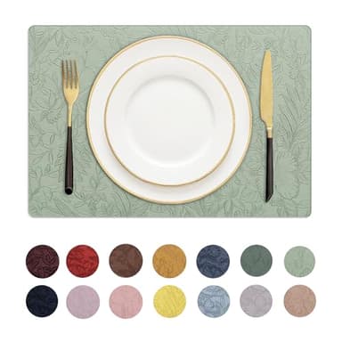 Romanstile Vinyl Placemats Set of 4-12 X 18 Inch - Heat Resistant Non-Slip Embossed Floral Place Mats 100% Waterproof Oilproof Wipeable Faux Leather Table Mats for Kitchen/Dining/Party, GrassGreen - Image 1