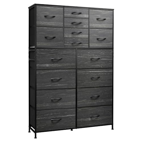 WLIVE Tall Console Table with 16 Fabric Drawers, Entryway Table with Storage, Large Storage Organizer with Wood Top, Steel Frame for Living Room, Hallway, Office, Charcoal Black Wood Grain Print - Image 1