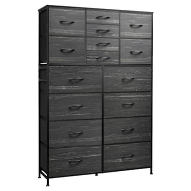 WLIVE Tall Console Table with 16 Fabric Drawers, Entryway Table with Storage, Large Storage Organizer with Wood Top, Steel Frame for Living Room, Hallway, Office, Charcoal Black Wood Grain Print - Image 1
