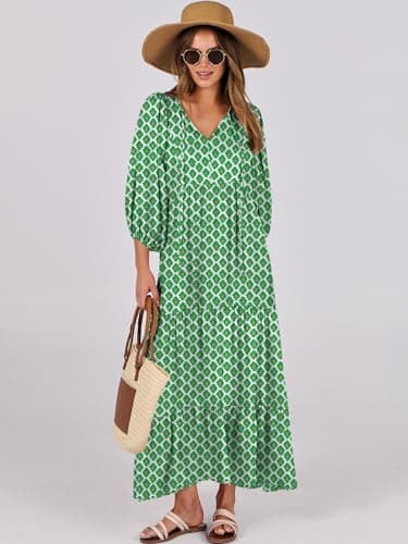 ANRABESS Womens Boho Maxi Dresses 2025 Summer V Neck Puff Sleeve Floral Flowy Swing Fall Casual Long Dress Light Green Medium - Image 8