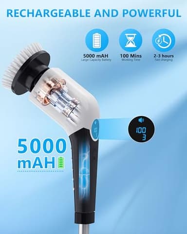 Bathroom Scrubber Electric Electric Spin Scrubber with 8-in-1 Replaceable Brush Heads Electric Brush Cleaner for Bathroom with Power LCD Display, 3 Adjustable Speed - Image 2