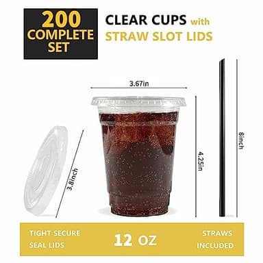 WUHUIXOZ [200 Sets - 12oz Plastic Cups with Lids and Straws, Disposable Cups for Iced Coffee, Smoothie, Milkshake, Cold Drinks - Clear - Image 2