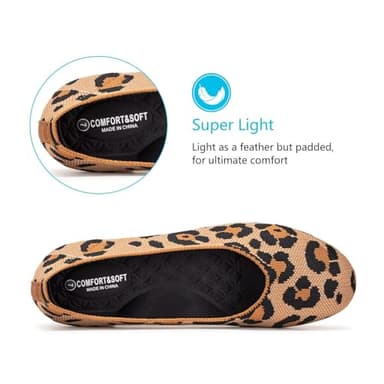Frank Mully Women’s Knit Ballet Flat Round Toe Slip On Flats Shoes Classic Low Wedge Ballerina Walking Flats Shoes, Leopard Orange,9 - Image 3