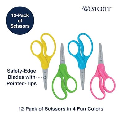 Westcott Right- & Left-Handed Pointed Scissors for Kids Ages 6+, Durable Stainless Steel Blades, Back to School Supplies, Classroom Scissors, Includes Storage Rack, 5-Inch, 12 Pack, Assorted Colors - Image 3