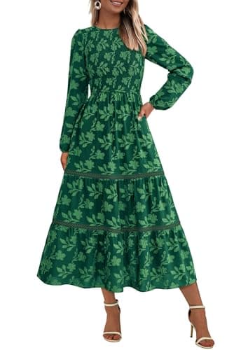 PRETTYGARDEN Long Sleeve Dress for Women 2025 Fall Elegant Modest Floral Boho Smocked Flowy Wedding Guest Midi Dresses (Dark Green,X-Large) - Image 1