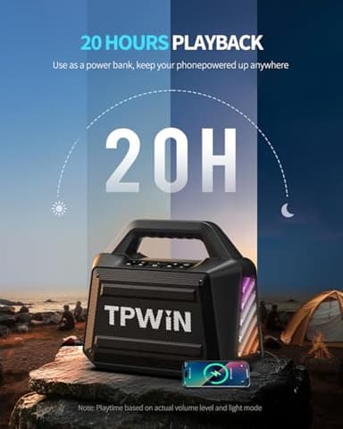 TPWIN Bluetooth Speaker - 80W Loud Rugged Outdoor Speakers, IPX6 Waterproof, 20H Playtime, Deep Bass, Lightshow, TWS, BT 5.3 Wireless, Portable for Travel Hiking Camping Beach Pool - Black - Image 5