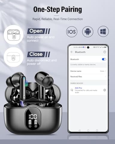 Wireless Earbuds, Bluetooth 5.4 Headphones Bass Stereo, Bluetooth Earbuds with Noise Cancelling Mic, IP7 Waterproof in Ear Earphones, 36H LED Display Ear Buds for Laptop Pad Phones Sports, Black - Image 5