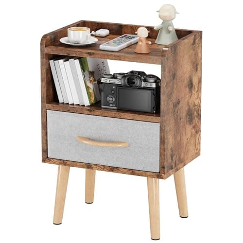 LUCKNOCK Night Stand with Drawer, Mid Century Modern Bedside Table, Sturdy Wood Nightstand with Open Storage Shelf, Small Bedside Table for Bedroom, Kids Room & Small Spaces, Rustic Brown. - Image 1