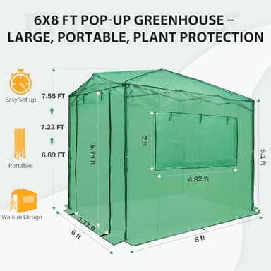 EAGLE PEAK Instant Pop-up Greenhouse, Indoor Outdoor Plant Gardening Green House, Roll-Up Zipper Doors and Side Windows, Walk in 8x6 ft, PE Cover, Green/Clear - Image 3