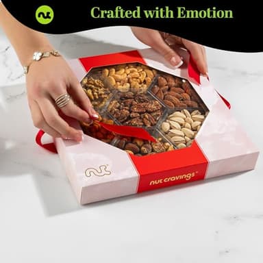 NUT CRAVINGS - Diwali Sweets Hamper Mid-Autumn Festival Mixed Nuts Gift Basket in Red Gold Box (7 Assortments, 1 LB) Food Arrangement, Healthy Snack Care Package, Food Assortments - Image 4