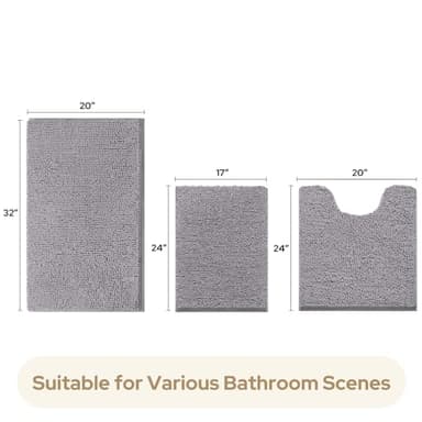 HOMEIDEAS 3 Pieces Bathroom Rugs, Ultra Soft Non Slip Absorbent Chenille Toilet Bath Mat Set (Grey,17"x24"+20"x32"+U Shape 20"x24") - Image 3
