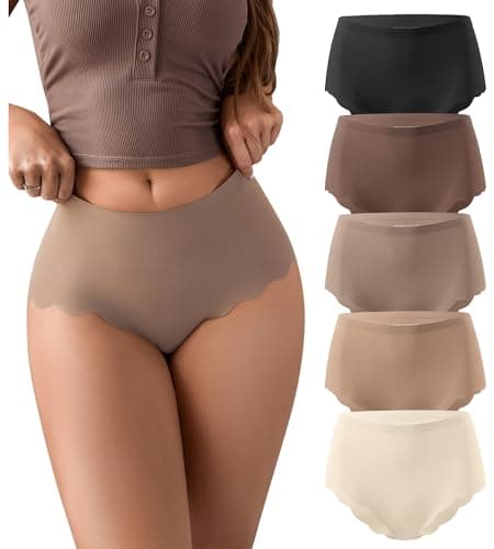 SHARICCA Seamless High Waisted Underwear for Women Cheeky Underwear Wave Edge No Show Bikini Panties Ribbed Panties Pack,5P01,L - Image 1