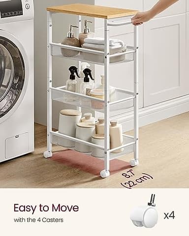 VASAGLE Slim Rolling Cart, 4-Tier Storage Cart, Narrow Cart with Handle, 8.7 Inches Deep, Metal Frame, for Kitchen, Dining Room, Living Room, Home Office, Oak Beige and Classic White ULRC033W09 - Image 4