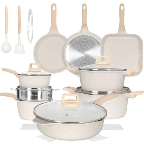 Romswi 23pcs Pots and Pans Set Non Stick, Kitchen Cookware Set with Casserole, Frying & Saucepans, Oven Safe & Stovetop Agnostic Non Toxic Cookware(Gas, Electric & Induction) - White - Image 1