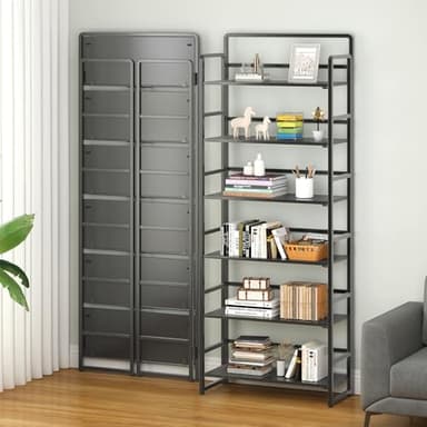 4NM No Assembly 6 Tiers Folding Bookshelf Storage Shelves Vintage Bookcase Standing Racks Study Organizer Home Office (All Black) - Image 2