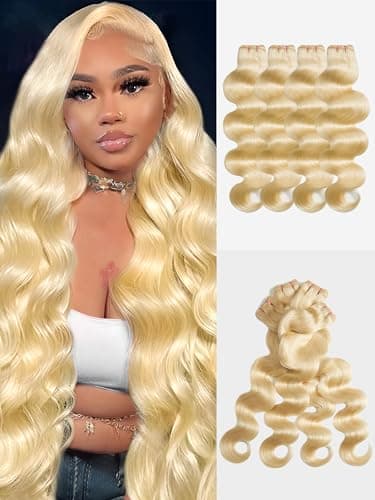 Blonde Body Wave Bundles Human Hair 18 20 22 24 inch 4 Bundles 613 Bundles Human Hair Extensions Natural Brazilian Virgin Unprocessed Human Hair with Mono Top Closure - Image 1