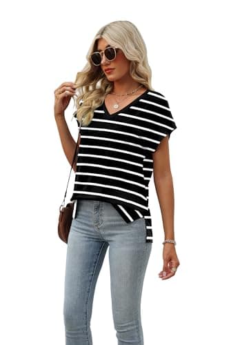 Black and White Striped Shirt Women Cap Sleeve 2024 Summer Tops Trendy Tank Tops V Neck Loose Fit Shirts XL - Image 3