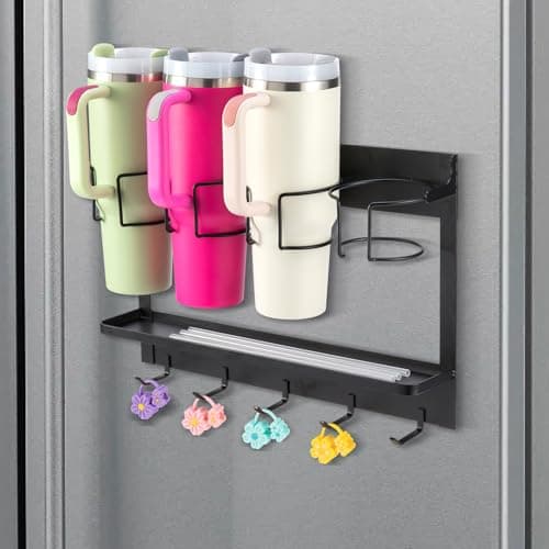 CINPIUK Water Bottle Organizer Holder, Magnetic Cup Rack Storage for Stanley & Large Tumbler, Space Saving Wall Mount Bottle Organizer with 5 Hook, Easy to Install, Black - Image 1