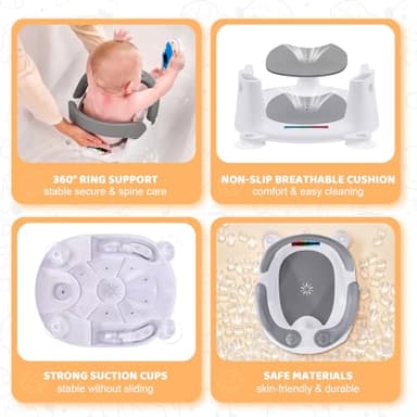 LDIIDII Baby Bath Seat for Babies 6 Months & Up Sitting Up,Infant Bath Seat with Temperature Alert+Open Backrest+on/Off Armrest,Toddler Bath seat Baby Bath Chair for Bathtub,Tub,Sink (Light Gray) - Image 5