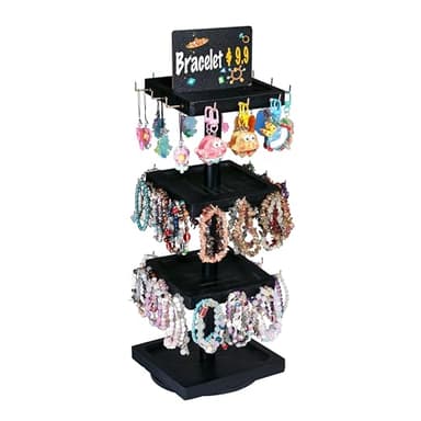 Donmills Bracelet Holder, 360° Rotating Wooden 3 Tier Rotating Jewelry Display Stand, Tree Stand Display with Advertising Board, 39 Hooks for Bracelet, Key Chain Display Stand for Vendors Black Color - Image 7
