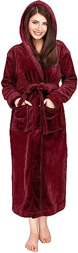 NY Threads Premium Women's Fleece Hooded Bathrobe Plush Long Spa Robe, Medium, Burgundy - Image 1