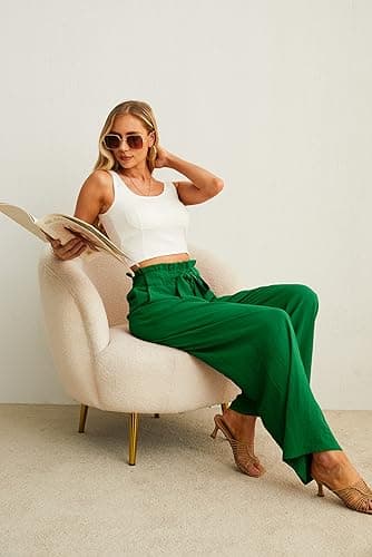 IWOLLENCE Women's Wide Leg Pants with Pockets High Waist Adjustable Knot Loose Casual Trousers Business Work Casual Pants Dark Green XX-Large - Image 5