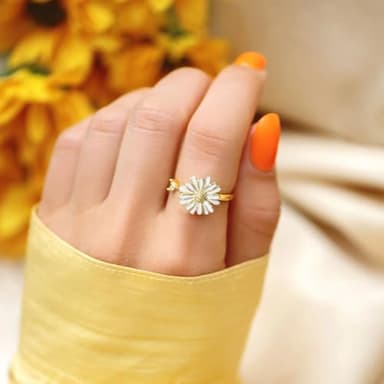 Aoeam Sunflower Fidget Ring - Silver Sunshine Spinning Daisy Adjustable Anti-Anxiety Spinner Ring with Cubic Zircon - Gift for Teens, Women - Image 4