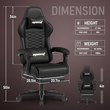 Opiesit Gaming Chair, Computer Office Chair with Footrest, Linkage Armrests and Lumbar Support, High Back Ergonomic Gamer Chairs for Adults, Black PU Leather - Image 2