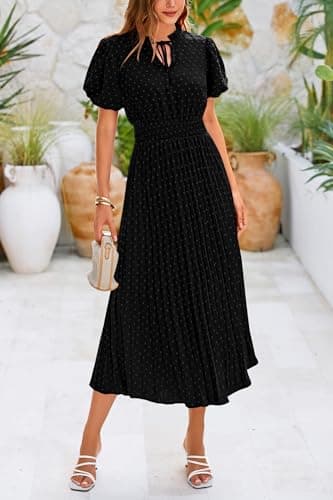 PRETTYGARDEN Womens Summer Midi Dresses Puff Short Sleeve V Neck Swiss Dot Pleated A Line Flowy Long Wedding Guest Dress (Black,Large) - Image 3