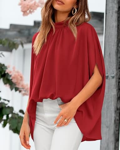 BTFBM Womens Summer Tops 2025 Fall Mock Neck Batwing Sleeve Shirts Loose High Low Hem Oversized Dressy Casual Blouses(Red, Medium) - Image 8
