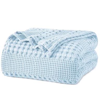 PHF 100% Cotton Waffle Weave Blanket Queen Size for Bed, Soft Lightweight & Breathable, All-Season Comfort, Luxury Aesthetic Woven Bedding for Home Decor, 90"x90", Baby Blue - Image 1