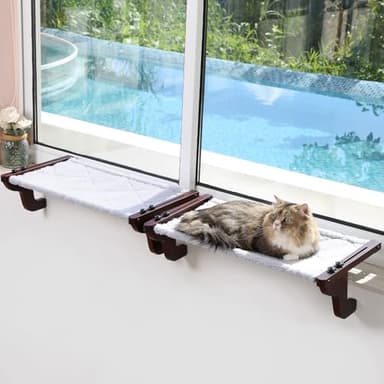 Zakkart 2PC Easy Seat Cat Perch for Window Sill - Hammock Design w/Pine Wood & Robust Metal Frame - Cat Window Seat for Large Cats and Kittens (Dark Stained Wood w/Gray Bed, Large (26''W x 14''D) - Image 1
