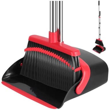 NACENA Broom and Dustpan Set, 52-in Long Adjustable Handle Broom Dustpan Combo with Dustpan Teeth to Automatically Clean Hair Suitable for Home Kitchen Office Hall Floor（Black&Red） - Image 1