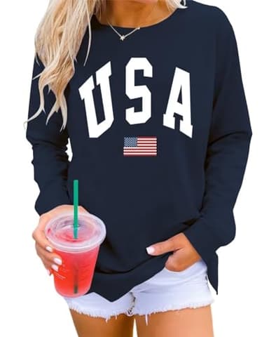 Dressmine Women American Flag Girl Clothes Usa Sweatshirt Letter Print Graphic Patriotic Shirts Pullover Navy Blue 02 Medium - Image 1
