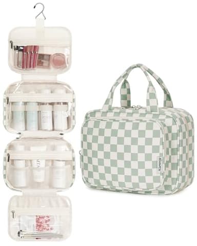 Narwey Hanging Toiletry Bag for Women Travel Checkered Makeup Bag Organizer Toiletries Bag for Travel Size Essentials Accessories Cosmetics (Mint Green Checkerboard (Medium)) - Image 2