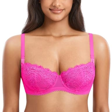 DOBREVA Women's Sexy Lace Push Up Plus Size Bra Sheer Balconette Underwire Unlined Bright Fuchsia 34E - Image 6