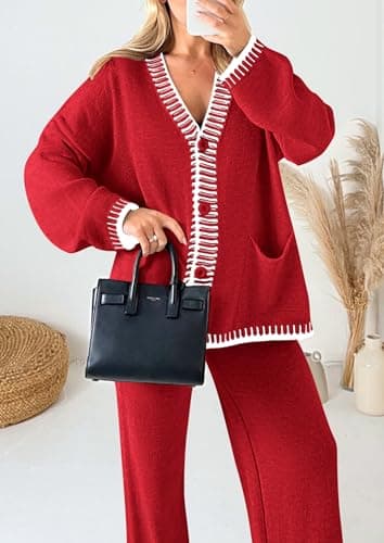PRETTYGARDEN Lounge Sets for Women Fall 2025 Loungewear 2 Piece Outfits Cardigan Sweaters Track Suit Matching Winter Clothing (Red,X-Large) - Image 5