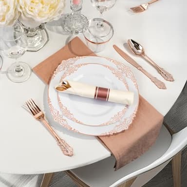 Bestluck 350PCS Rose Gold Plastic Plates for 50 Guests, Disposable Dinnerware Sets Include 100 Rose Gold Rim Plastic Plates, 50 Silverware and Cups, 50 Pre Rolled Napkins for Party, and Graduation - Image 5