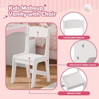 MU Kids Vanity with Lights, Princess Makeup Vanity Desk with Open Bookshelf, Storage Cabinet & Shelves, 2 in 1 Toddler Vanity Table & Chair Set with Lighted Mirror for Little Girls (White) - Image 6