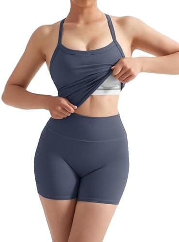 SUUKSESS Women 2 Piece Workout Sets High Waisted Tummy Control Biker Shorts Halter Padded Tank Tops - Image 4