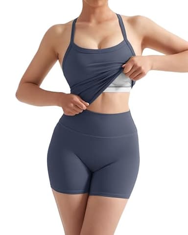 SUUKSESS Women 2 Piece Workout Sets High Waisted Tummy Control Biker Shorts Halter Padded Tank Tops Racerback Sports Bras (Navy Blue, L) - Image 4