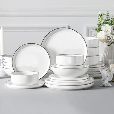 MALACASA Plates and Bowls Sets, 24 Pieces Modern Porcelain Dinnerware Set for 6 Ceramic Dishware Dishes White Kitchen Dinner Dining Ware Set wtih Black Rim Microwave and Dishwasher Safe, Series LUNA - Image 6