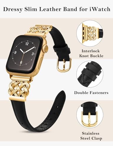 TOYOUTHS Compatible with Apple Watch Bands Women 38/40/41/42mm Dressy Slim Leather Strap with Designer Celtic Knot Interlock Buckle Bracelet for iWatch Series 11 10 9 8 7 6 5 4 SE 3 2 1, Black/Gold - Image 2