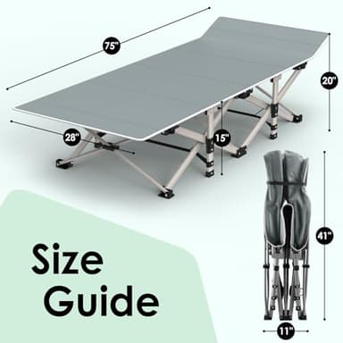 Suteck Camping Cot, Folding Camping Cot Bed for Adults Sleeping 1200D Double Layer Oxford Portable Folding Outdoor Cots for Camping W/Soft Pad Carry Bag for Home Office Nap Beach Travel, 500LBS,Grey - Image 2