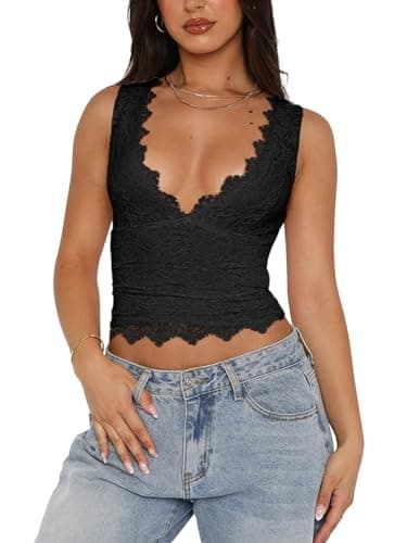 REORIA Womens Summer Tops Sexy V-Neck Sleeveless Double Lined Fashion Going Out Y2K Tank Tops Trendy Lace Slimming Crop Tops for Teen Girls Black Large - Image 1