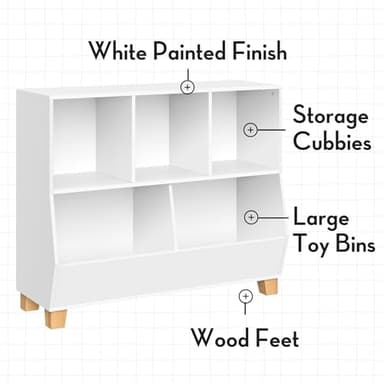 RiverRidge Catch-All Kids Toy Storage Organizer with 3 Cubbies and 2 Storage Bin Compartments - 35 Inch Wide White and 2 Gray Fabric Bins Kids Room Decor Toy Organizers and Bins - Image 3