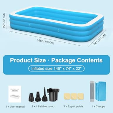 Large Inflatable Pool with Canopy - 145'' x 74'' x 22'' Oversized Thickened Blow Up Pool for Family, Extra Large Swimming Pool with Pump for Backyard, Garden and Outdoor Fun - Image 9
