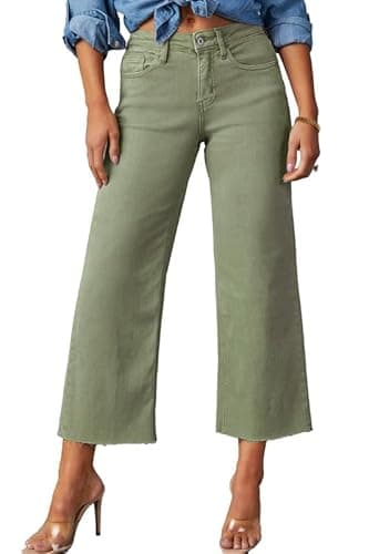 Allimy Women's High Waisted Straight Ankle Wide Leg Ripped Jeans Frayed Hem Stretchy Capri Denim Pants Olive Size 4 - Image 3