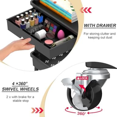 Goovilla 3 Tier Rolling Utility Cart Organizer with Removable Drawer, Stable and Sturdy Black Rolling Storage Carts with 2 Lockable Wheels for Bathroom, Kitchen, Snack, Craft, Makeup, Baby Essentials - Image 2