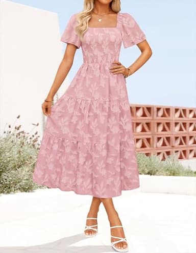 ZESICA Women's Summer Boho Floral Midi Dresses 2025 Casual Short Sleeve Square Neck Flowy Beach Vacation Long Dress,Pink,X-Large - Image 2